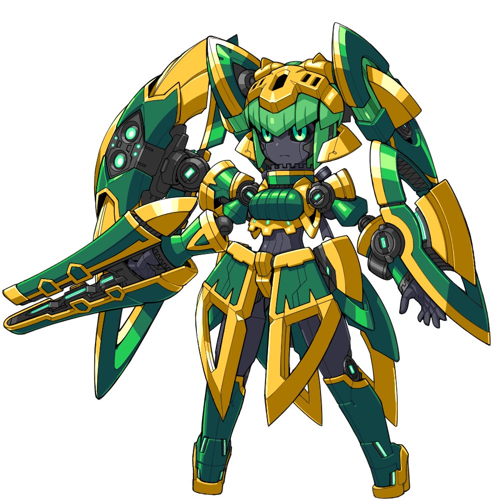 1girl robot solo white background twintails mecha green eyes  illustration images
