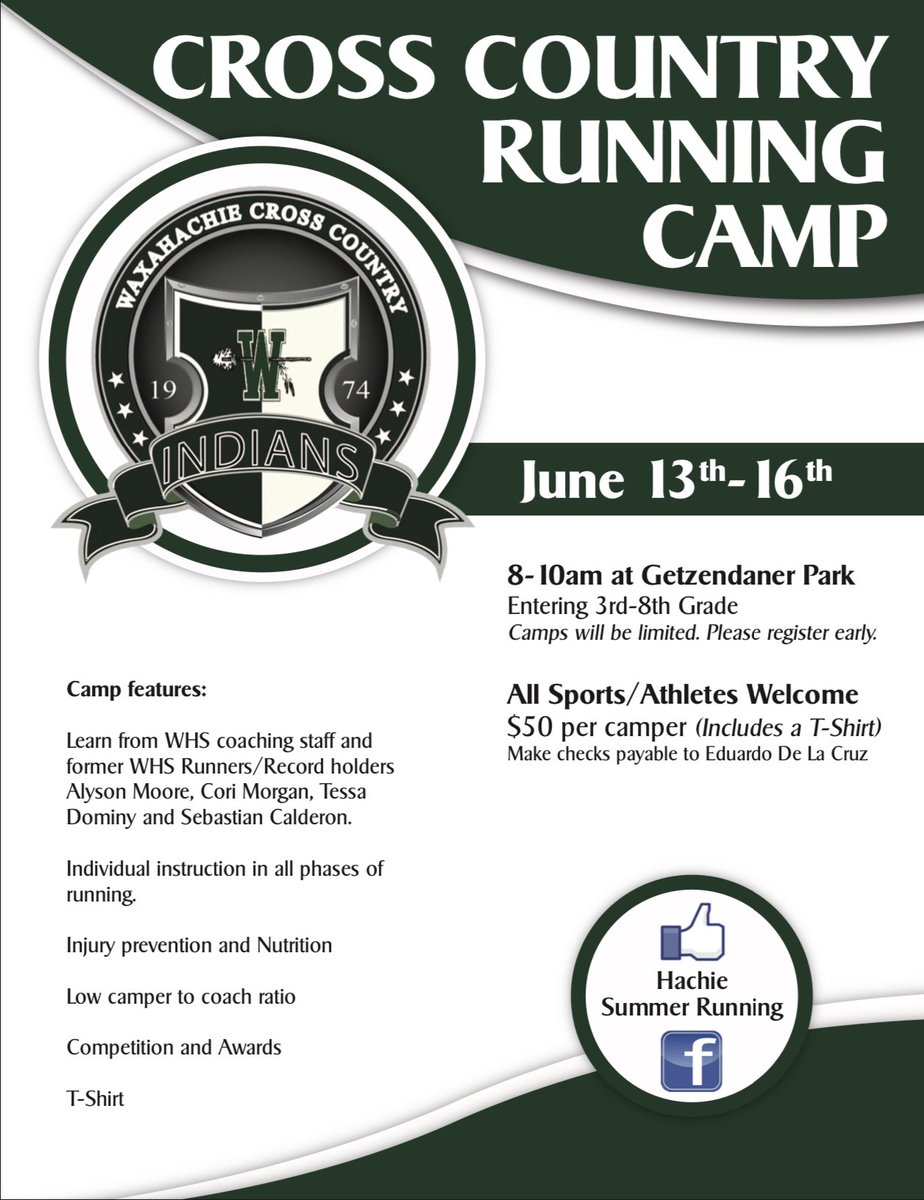 WaxahachieXC's tweet photo. Cross Country Running Camp is June 13th-16th. From 8-10am at Getzendaner Park. Please email edelacruz@wisd.org if you’re interested. https://t.co/KF8Sw2HkZq