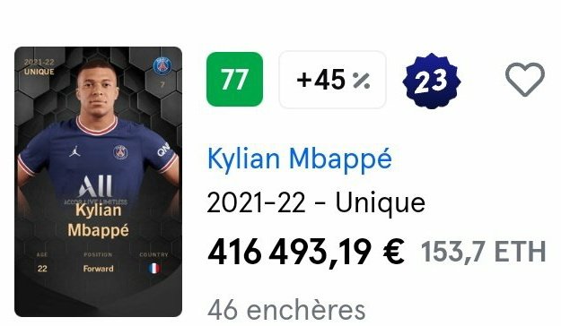 NFT : 416 000 €, voilà le prix de la carte unique de Kylian Mbappé vendue  sur Sorare