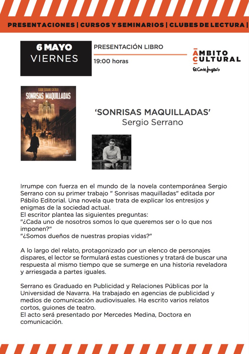 Este próximo viernes 6 de mayo a las 19:00 horas, presentaré 'Sonrisas maquilladas' en la sala de Ámbito Cultural de <a href="/elcorteingles/">El Corte Inglés</a> de #Pamplona. 

¿Nos vemos? 📚🖋

#presentacion #novela #sonrisasmaquilladas #literatura #pamplona #navarra #leer #escribir #escritor #autor