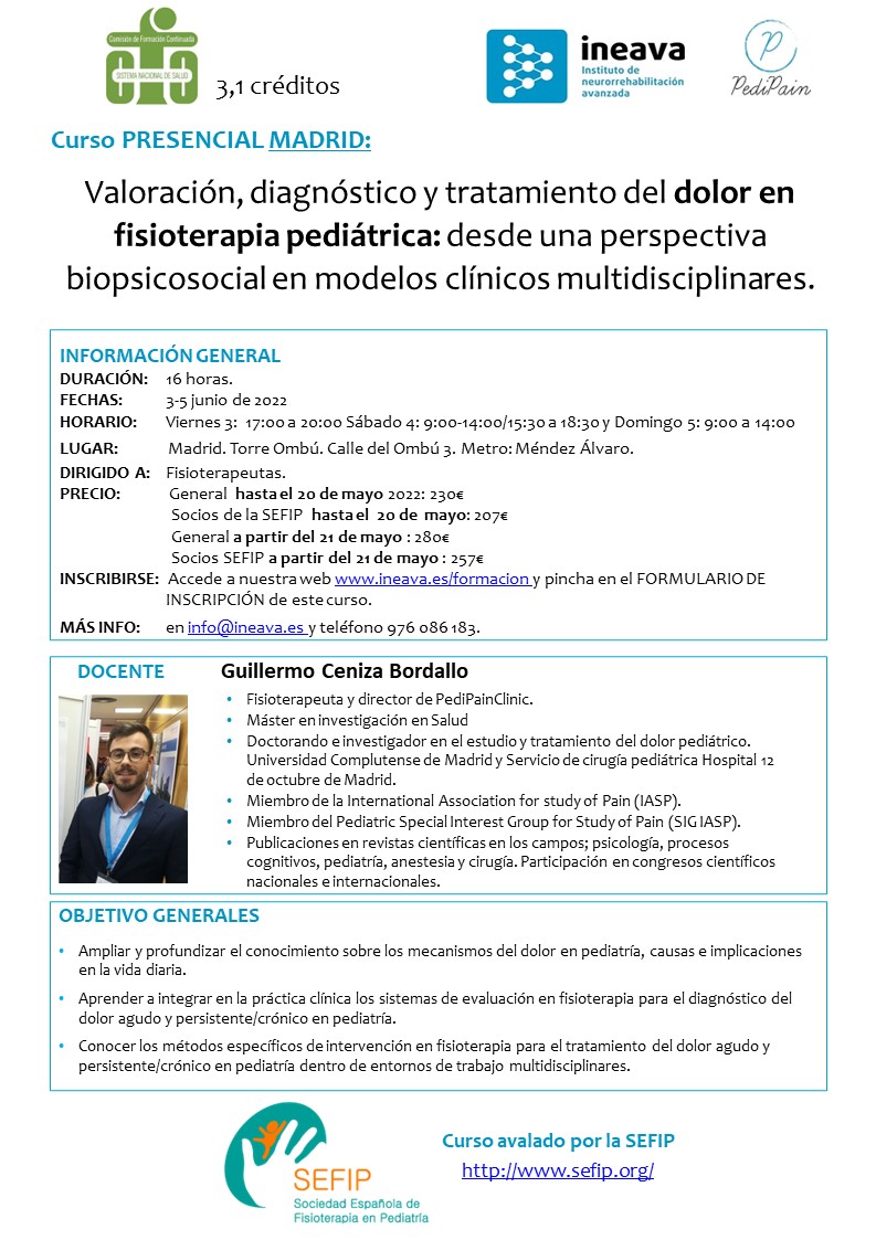 Valoración, diagnóstico y tratamiento del dolor en fisioterapia pediátrica. 3-5 Junio-PRESENCIAL MADRID - *|ineava.es/formacion/|*
