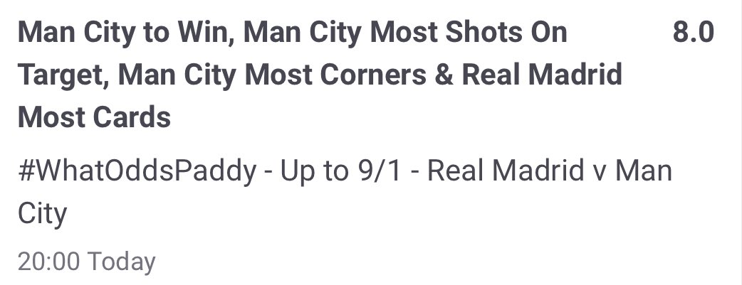 TipsRaw's tweet image. Real Madrid v Man City Longshots

Big odds, small stakes tonight for a bit of fun 👇

Odds @ 4.5, 8.0 &amp;amp; 31.0