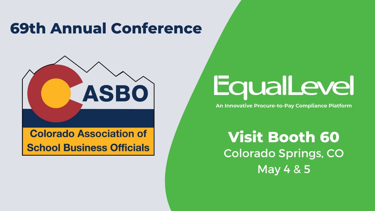 EqualLevel's tweet image. We're at the 69th Annual Colorado ASBO Conference, stop by booth 60 to learn about our procure-to-pay compliance platform. Not able to attend, check out our upcoming events: equallevel.com/events/

....
#EqualLevel #eprocurement #ColoradoASBO