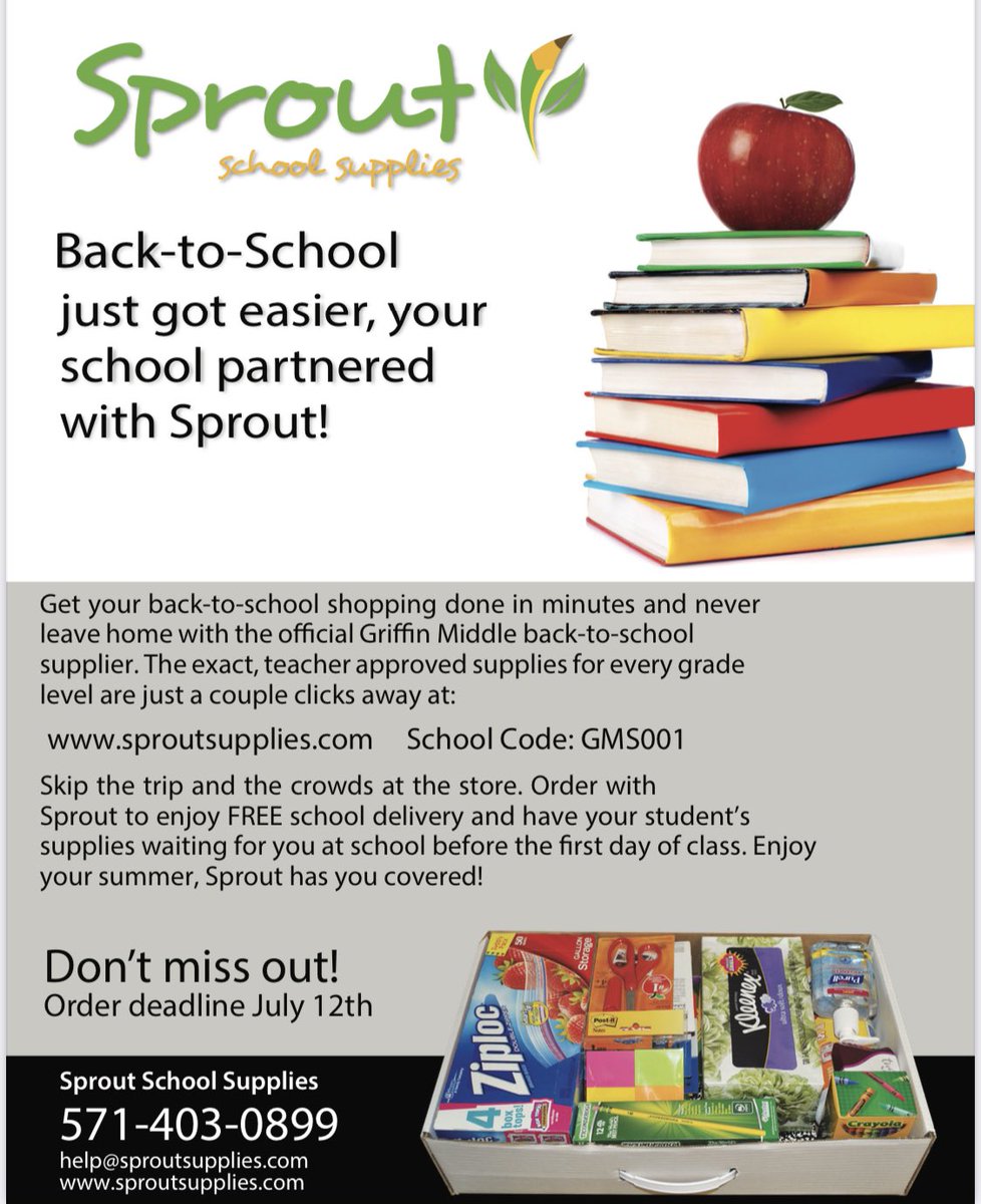 Parents - Skip the trip to the store this summer! Your student's exact teacher requested school supplies for the 2022-23 school year are available now!  Go to sproutsupplies.com and enter school code GMS001.
