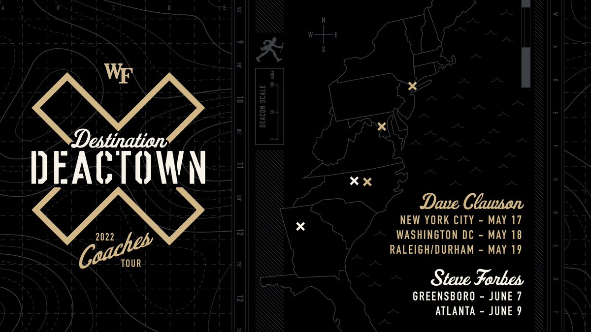 𝓓𝓮𝓼𝓽𝓲𝓷𝓪𝓽𝓲𝓸𝓷 𝐃𝐄𝐀𝐂𝐓𝐎𝐖𝐍 🎩

Don't miss your chance to see <a href="/CoachClawson/">Dave Clawson</a> and <a href="/ForbesWakeHoops/">Steve Forbes</a> on the 2022 Spring Coaches Tour! 

Email <a href="/WFUDeaconClub/">The Deacon Club</a> at deacclub@wfu.edu for more information.