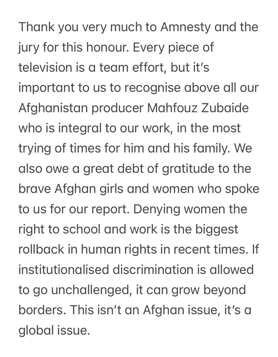 An honour to win an Amnesty Award for our report on women being denied the right to go to sec school, and to work across sectors in #Afghanistan.It’s a bittersweet moment. Afghan women have not won - yet. With hope. With <a href="/Mahfouzzubaide1/">Mahfouz Zubaide</a> <a href="/NicolaCareem/">Nicola Careem</a> <a href="/Imo_Anderson/">Imogen Anderson</a> <a href="/sanjayganguly/">SANJAY GANGULY</a>