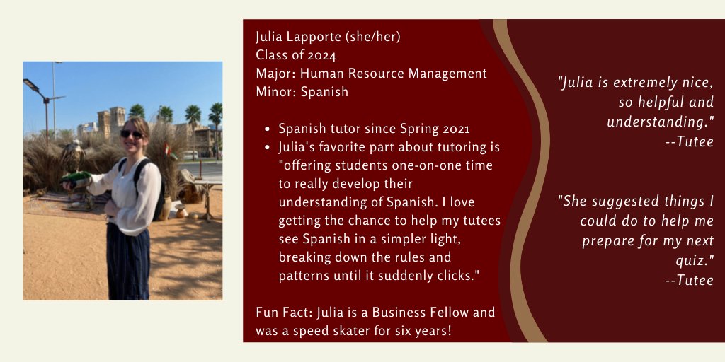 #TutorSpotlight Meet Julia! Julia is a sophomore majoring in Human Resource Management with a minor in Spanish. She had been a Spanish tutor since Spring 2021.

Fun fact: Julia is a Business Fellow and was a speed skater for six years!
