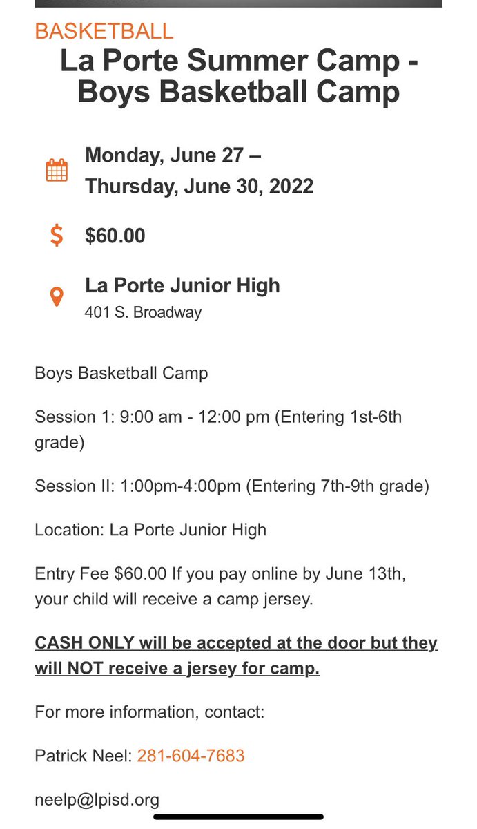 LPJathletics's tweet photo. Summer basketball camp info is out. Go to the website, scroll down to basketball and click “Get Tickets”. https://t.co/X7yN5WGd4l

@LaPorteHoops @LPISDAthletics https://t.co/XIiVPkfSWW