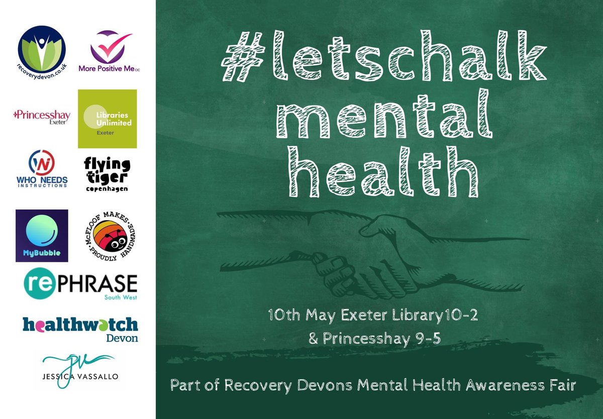 morepositiveme's tweet photo. @jamescourt77 @jessvassallouk @HwDevon @ColabExeter #letschalk 10th May with @jessvassallouk @RecoveryDevon @Princesshay @mybubbleapp_ @W_N_Instruction @rephrasesw @HwDevon @Artist_Sarah to coincide with the Mental Health Awareness Fair @ExeterLibrary https://t.co/tPIuxB6lHQ