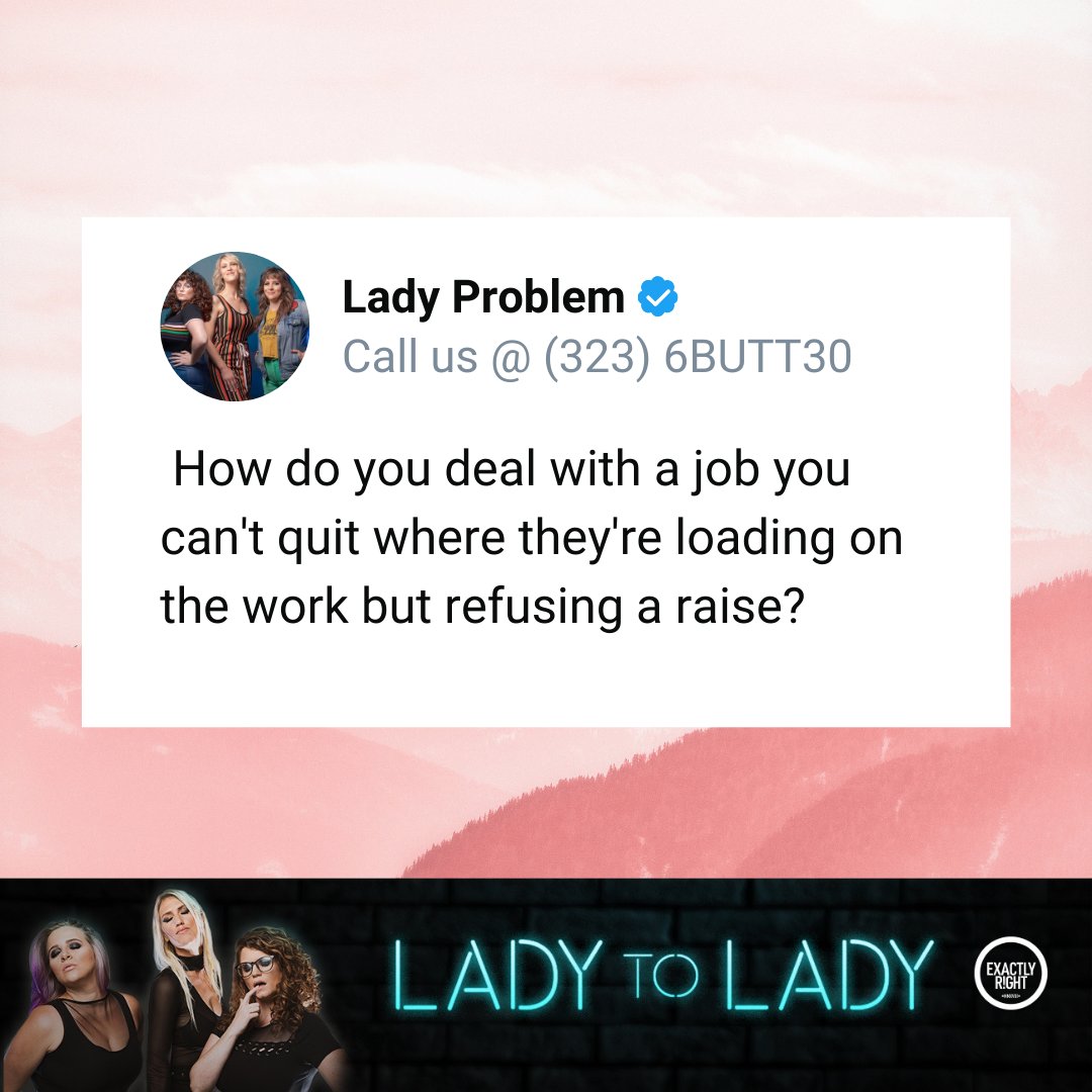 Lady2LadyComedy's tweet photo. #LadyProblem: How do you deal with a job you can't quit where they're loading on the work but refusing a raise? We discuss strategies with @Allison_Tolman Listen in for all the details!

Listen on @WonderyMedia! @ExactlyRight 
https://t.co/N1U3GbVB6m https://t.co/jVxIhOjWbY