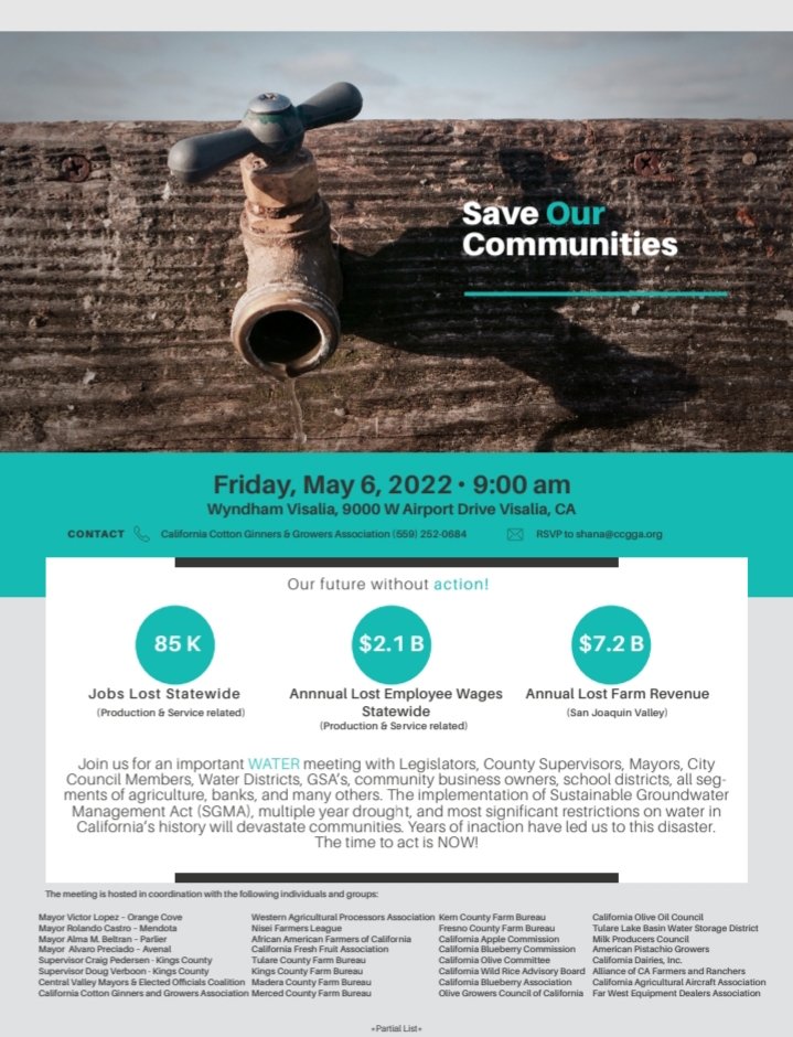 Save Our Communities! Join <a href="/KernCountyFB/">KernCountyFarmBureau</a> <a href="/CaliCotton/">CCGGA</a> &amp; other local leaders &amp; community stakeholders for this important meeting on 5/6. <a href="/fcfb_ag/">Fresno Farm Bureau</a> <a href="/tulcofb/">Tulare County Farm Bureau</a> <a href="/kingsfarmbureau/">Kings Co Farm Bureau</a> <a href="/MaderaCountyFB/">MCFB</a> #mercedcountyfarmbureau