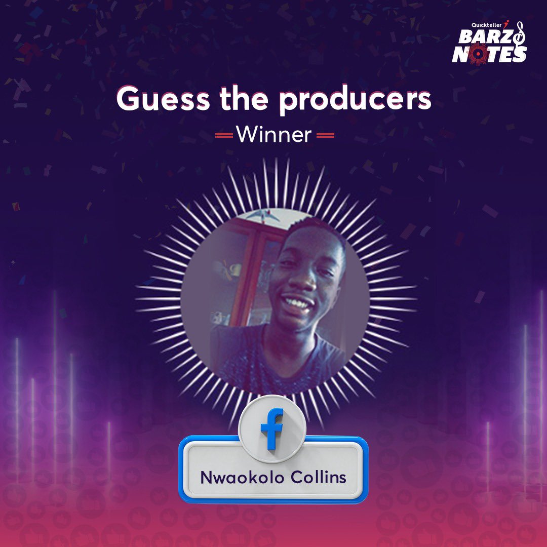 Quickteller's tweet photo. Congratulations to Nwaokolo Collins, our winner from Facebook! 🏆 The only person to get the name of the last producer correctly 👏

We’ll be contacting you shortly to send your gift. 

#QuicktellerBarzAndNotes
#QuicktellerBANTS
#QuicktellerMusic https://t.co/OHs0NsqgwI
