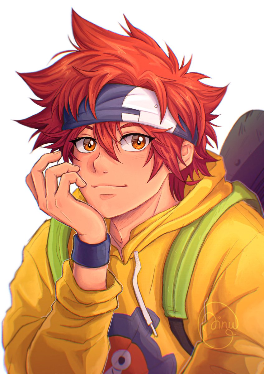 1boy male focus headband hood hoodie red hair orange eyes  illustration images
