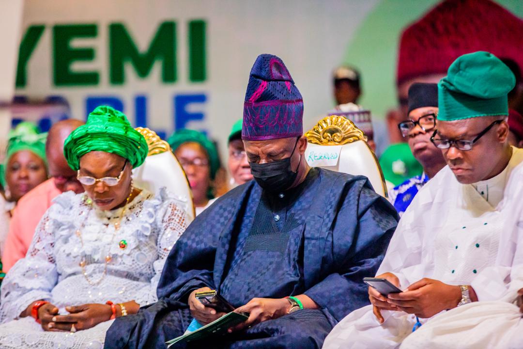 Today,  I attended the declaration of Governor Fayemi to run for the post of  President of the Federal Republic. To my left is H. E, Senator Ibikunle Amosun and Ekiti APC Deputy Governorship candidate, Chief Mrs Moni Afuye.