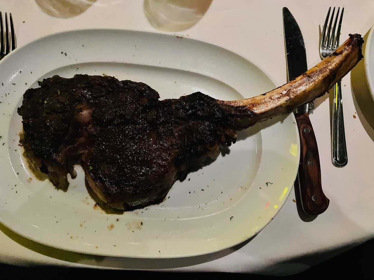 🥩📚: The Tomahawk 🥩 is a bone-in rib-eye steak that comes from between the 6th and 12th rib of a 🐄. 

The history of the 🥩 goes back to the days of Rio Grande cattle drives 🤠. The long rib bone that gives this 🥩 the appearance of a hatchet or a Native American tomahawk 😋