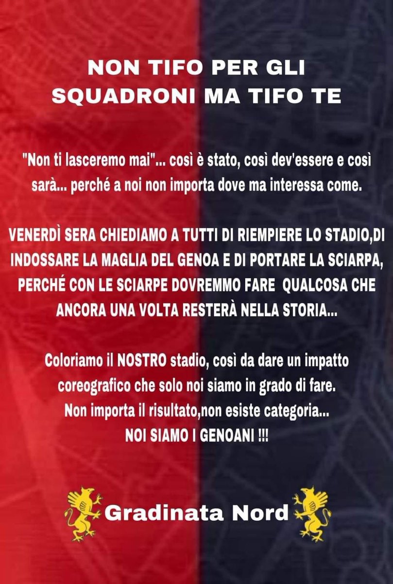 Adelina728's tweet photo. ⚠️Tutti allo stadio! ❤️💙🌊
Liberiamoci da impegni, maglia del #Genoa, sciarpa e riempiamo lo stadio in ogni angolo.. Forza!
#GenoaJuve #GenteDiMare 
🍀🔝💯❤️💙🌊 https://t.co/KlPAvdtgr9