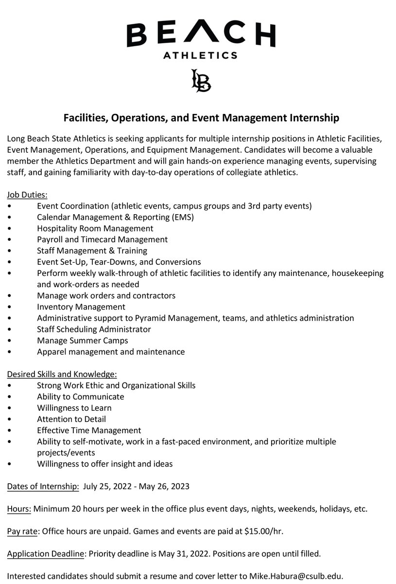 LBSUEM's tweet photo. Long Beach State is looking for motivated and capable individuals interested in working within College Athletics. If interested, please reach out to Mike.Habura@csulb.edu. Application deadline is May 31, 2022. 

A completed Application Form, Resume &amp; Cover Letter are required. https://t.co/86ER0ZOzT4