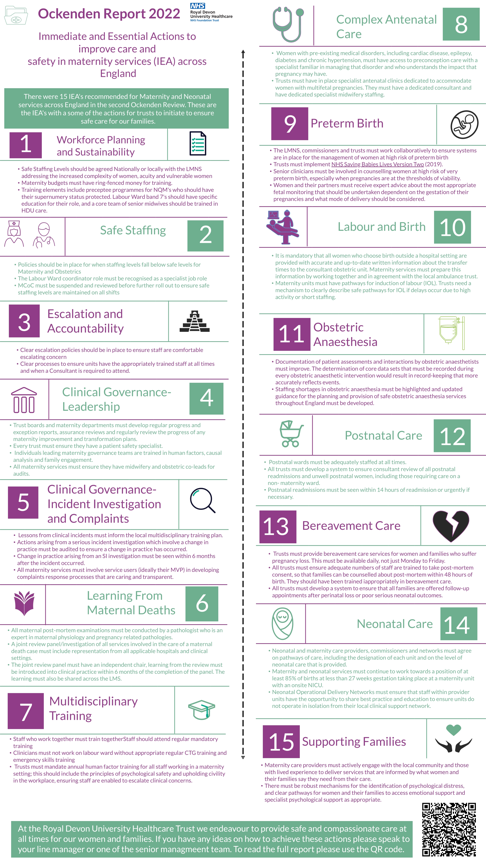 Sharing <a href="/MaternityRde/">RD&E Maternity</a> second infographic for the final Ockenden report. Hoping to inform staff of the 15 IEA's and make our action plan to implement these with the multidisciplinary team to ensure safe care for our families and staff. <a href="/TraceyKay19/">Tracey Kay</a>  <a href="/DOckendenLtd/">Donna Ockenden FRSA, Hon DLitt Hon DSci</a>