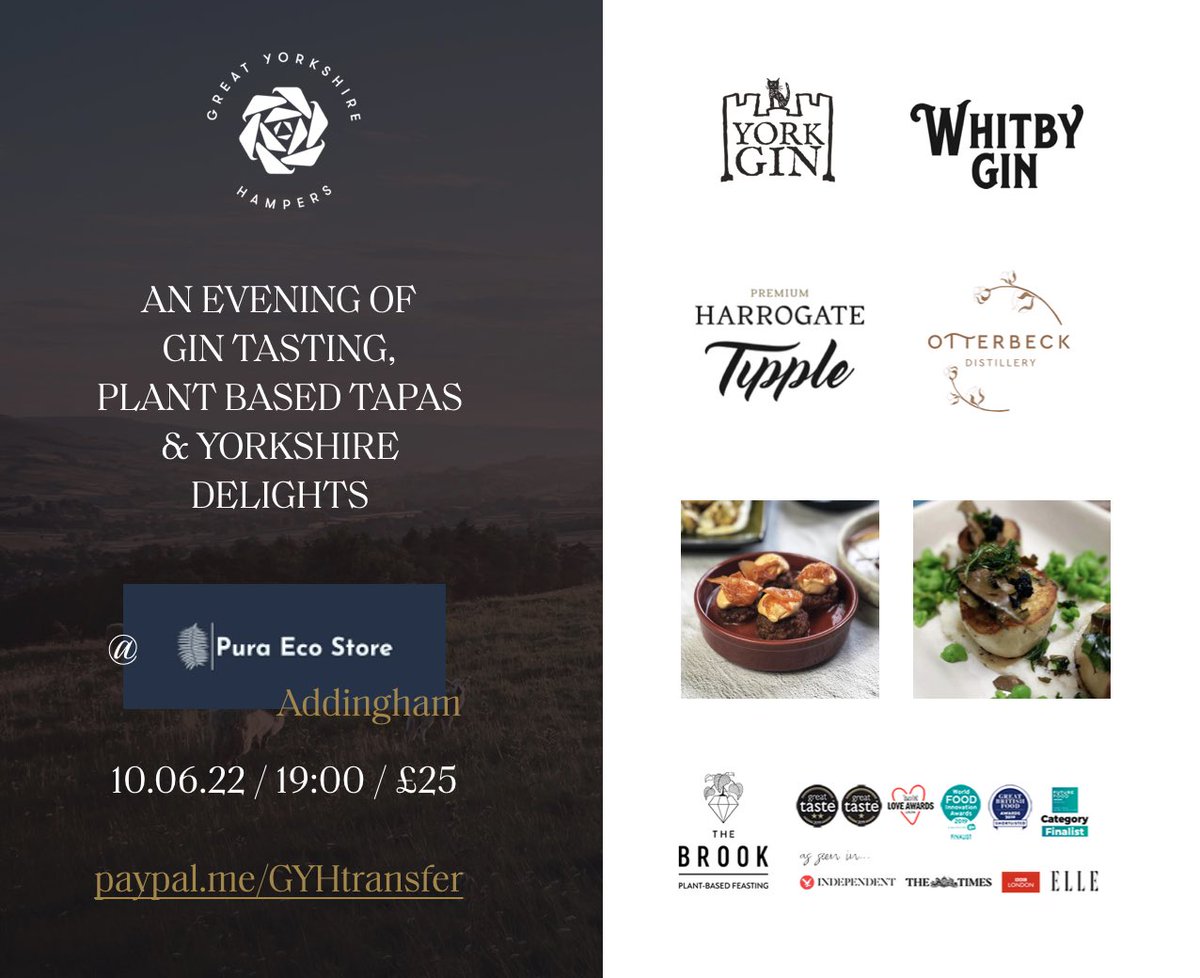 Join us for an exclusive gin tasting, plant based tapas and Yorkshire delights evening - Pura Eco Addingham 10.06.22 / 7pm - limited availability, reserve your space asap. 🌱🍸