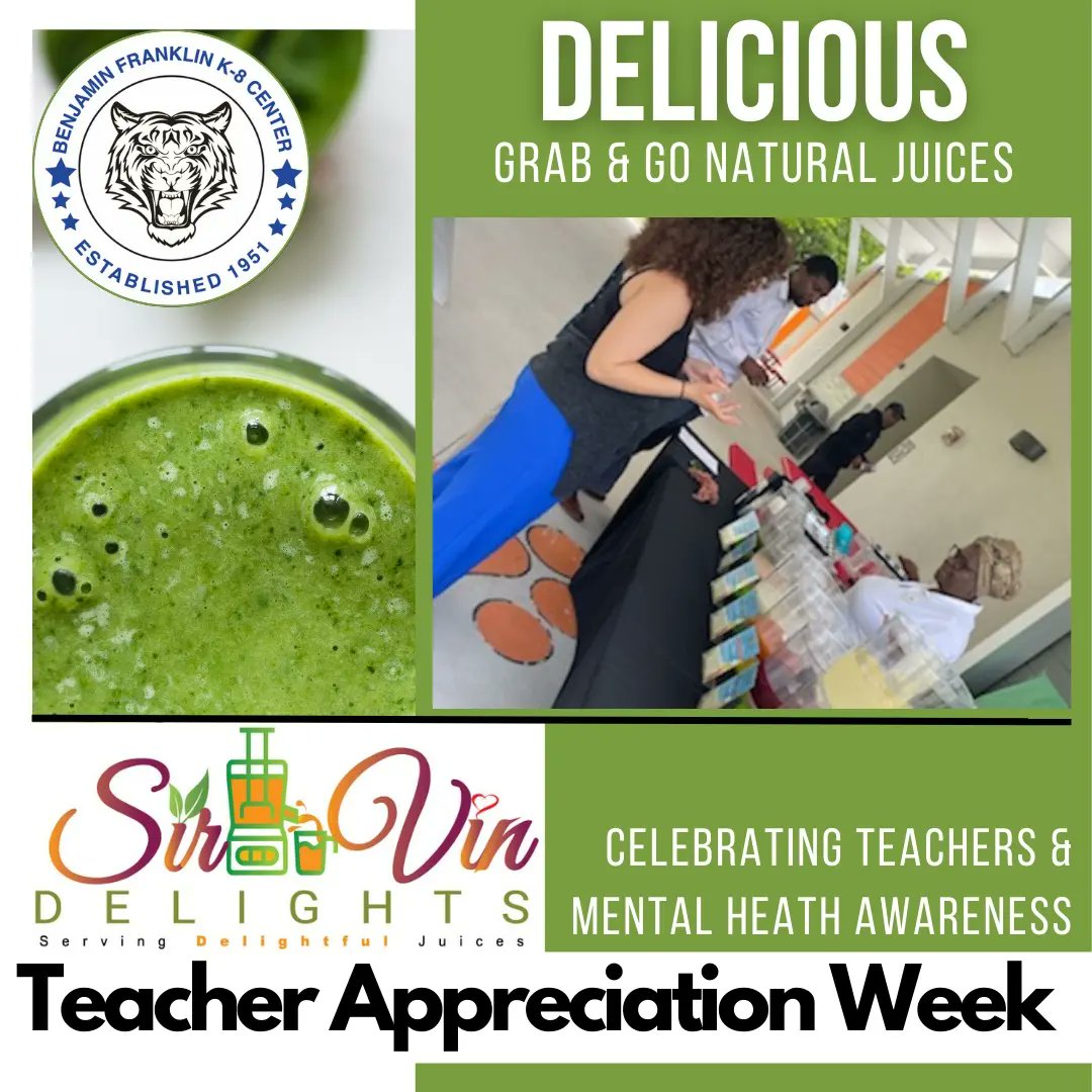 benfranklink8's tweet photo. TEACHER APPRECIATION WEEK, DAY 2
Teachers & Staff indulged in delicious Natural Juice Drinks by Sir Vin Delights.
#TeacherAppreciationWeek2022
#TeacherAppreciationWeek #inappreciation #weappreciateyou
#mentalhealthawareness #green
@MDCPS @SuptDotres @MDCPSCentral @benfranklink8 https://t.co/6L9iQH40fZ
