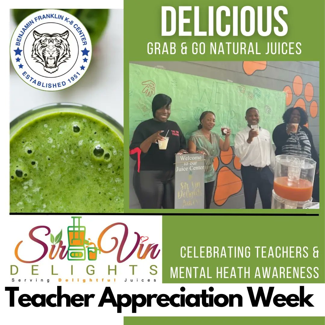 benfranklink8's tweet photo. TEACHER APPRECIATION WEEK, DAY 2
Teachers & Staff indulged in delicious Natural Juice Drinks by Sir Vin Delights.
#TeacherAppreciationWeek2022
#TeacherAppreciationWeek #inappreciation #weappreciateyou
#mentalhealthawareness #green
@MDCPS @SuptDotres @MDCPSCentral @benfranklink8 https://t.co/6L9iQH40fZ