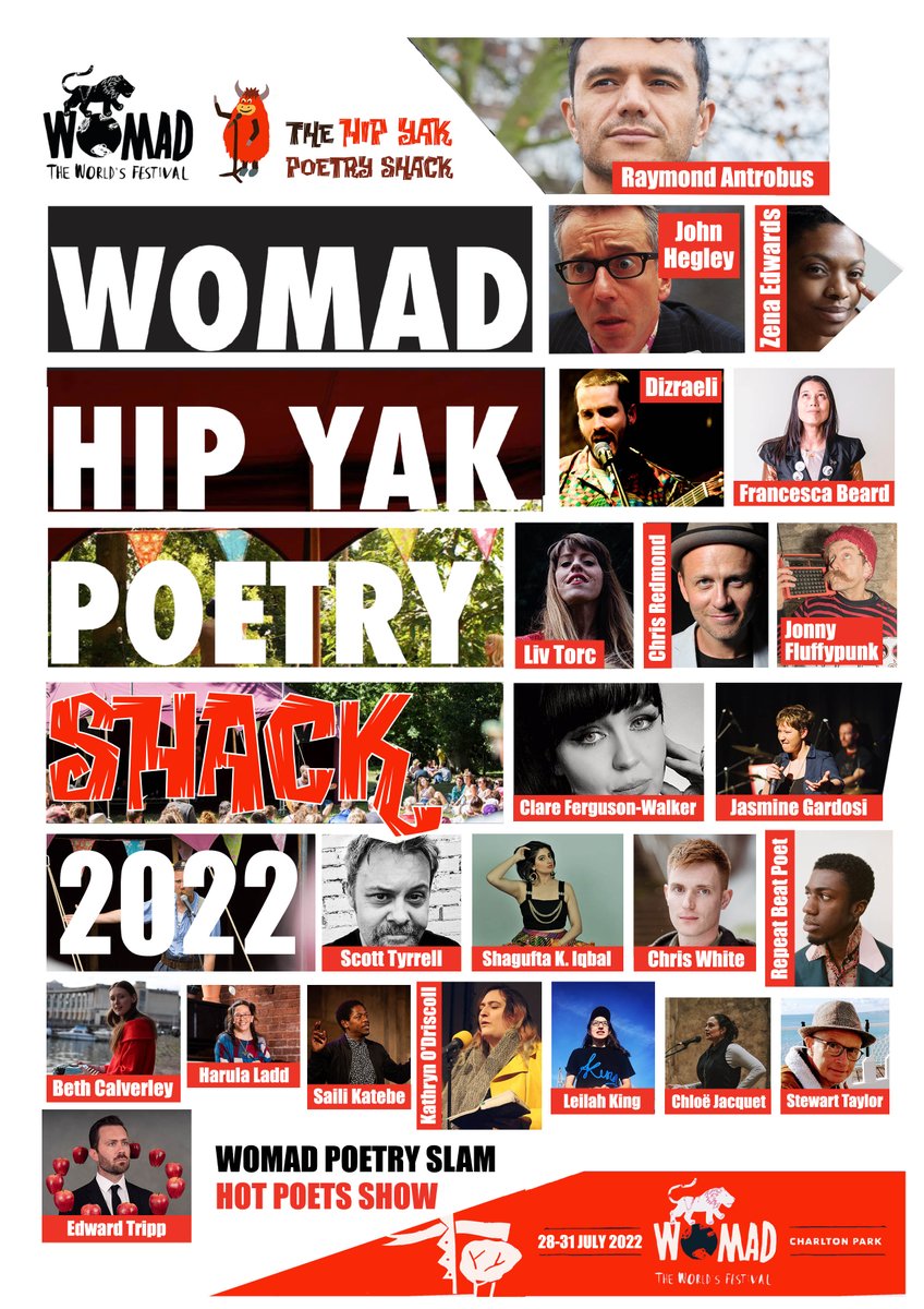 LivTorc's tweet photo. 3 years gone

And I can finally announce the incredible lineup for the Hip Yak Poetry Shack @WOMADfestival 2022

All these poets, plus a full moon &amp; #HotPoets show &amp;  public poetry slam!

So, join us in the arboretum 11.30-6pm, Fri/Sat/Sun 
29-31 July.

👉https://t.co/s7harpOmTM https://t.co/2mHdFEpiVy