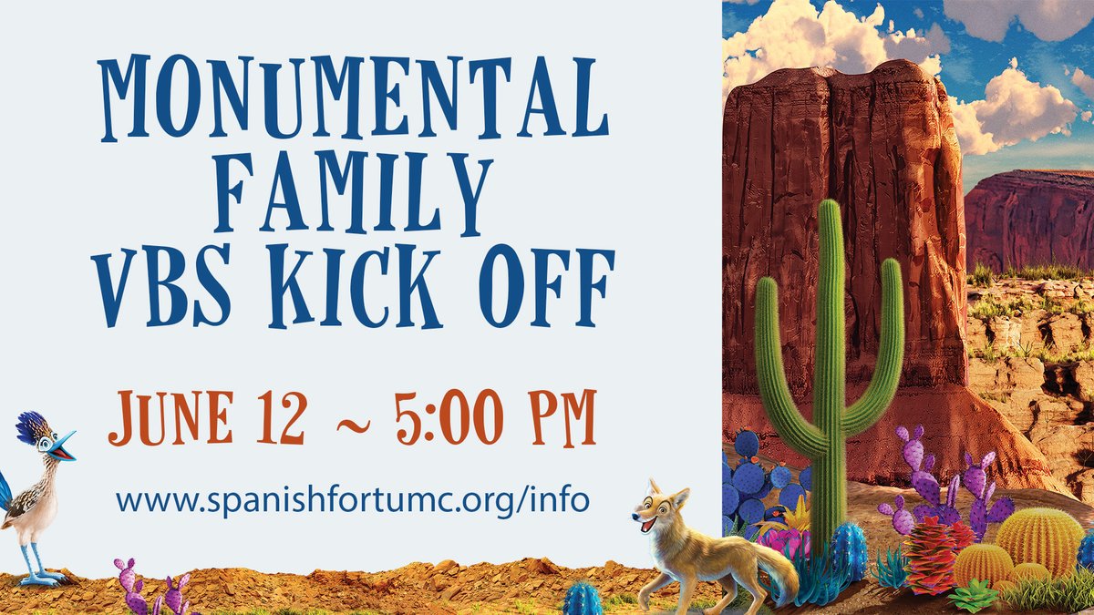 MONUMENTAL FAMILY VBS KICK-OFF | 6/12 | 5 PM | Main Campus | Join us for inflatables, food &amp; fun as we kick-off VBS this year! Stop by and pick up VBS information, t-shirts, and meet the volunteers. For more info, contact the church office or email children@spanishfortumc.org.