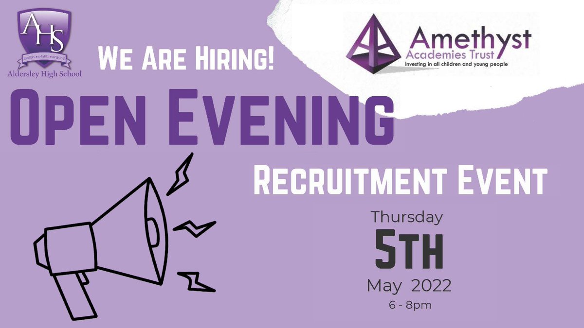 WolvesatWork's tweet photo. 📢 @AldersleyHighSc part of @AmethystAcademy are excited to host a Recruitment Open Evening.

📅TOMORROW - Thursday 5th May
⏲️6pm - 8pm
 📍 Aldersley High School, Barnhurst Lane, Codsall, WV8 1R

📝Register here:
https://t.co/q5iIrwdvBl https://t.co/REvA8jepSS