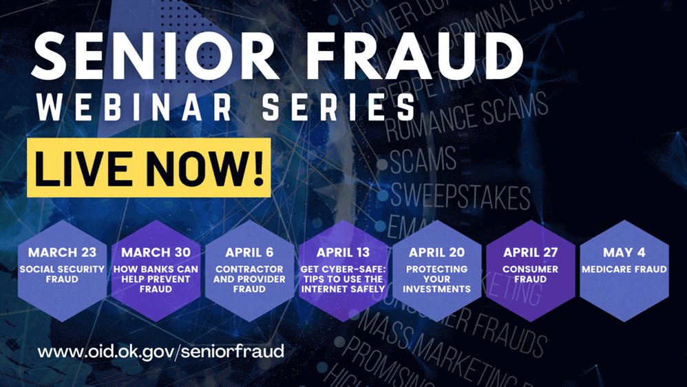 oid411's tweet photo. Part seven of our 2022 Senior Fraud webinar series is now live: https://t.co/Pu8C3IJ9ev
Partnered with @OklahomaBankers @SocialSecurity @AARPOklahoma @insurancecrime @Okla_OAG @OKSecurities
#FraudPrevention #SeniorFraud #Medicare #MedicareFraud #FightFraud #StopFraud #ReportFraud https://t.co/Yjc5JG766x