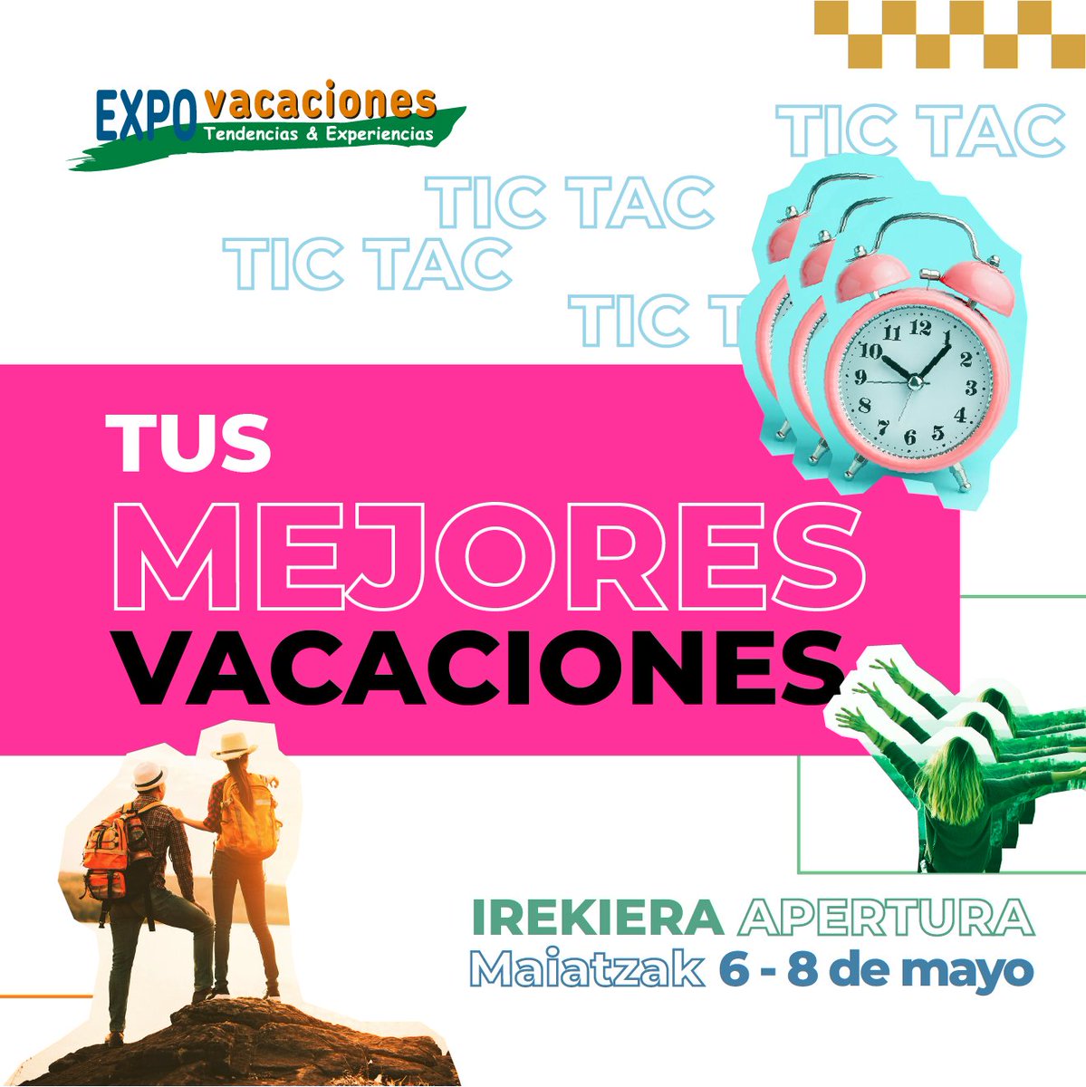 Tic, tac, tic, tac… ¡No queda nada para #Expovacaciones2022! ⏳ Durante los días 6, 7 y 8 de mayo en @bilbaoexhibitioncentre podrás descubrir planes y experiencias de todos los gustos para organizar tus próximas vacaciones. ✈️💼 Te estamos esperando 👉 …vacaciones.bilbaoexhibitioncentre.com