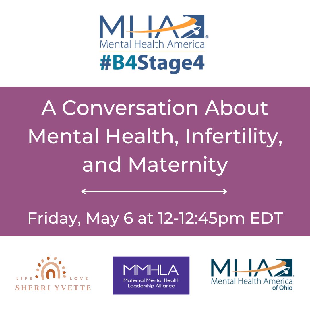 Join us THIS FRIDAY at noon EDT for @MentalHealthAm's LIVE Conversation About #MentalHealth, #Infertility, and #Maternity! May is #MentalHealthAwarenessMonth and #MaternalMentalHealth Awareness Month and we’re acknowledging the many aspects of #motherhood. #MHM2022 #MMHW2022