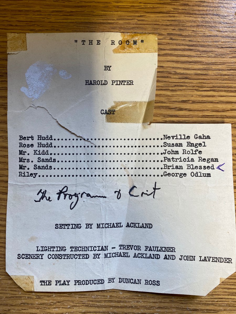 pinterlegacies's tweet photo. We have just received a small scrap of paper from 1957, the flyer from the 30 December 1957 production of The Room, performed as part of the Sunday Times student drama festival, the second ever production of Pinter's first ever play. It is now in the DB https://t.co/nw2Kvyyo6B https://t.co/8YbJLLHPQ3