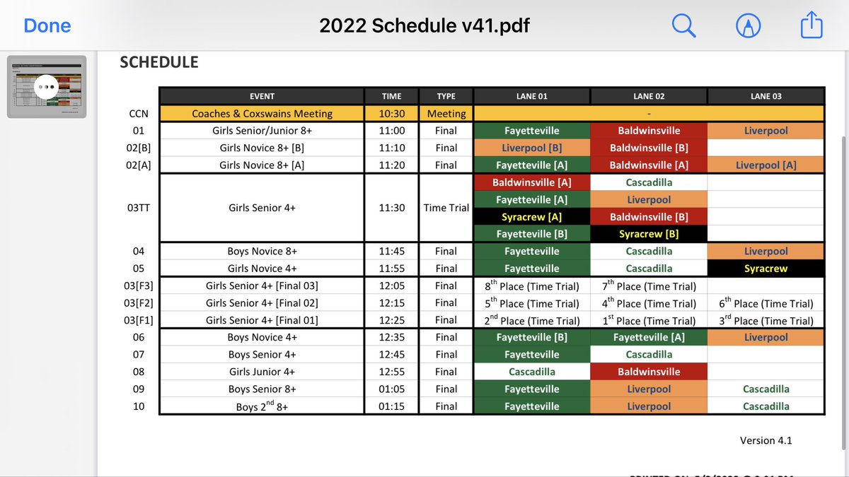 BvilleRowing's tweet photo. Tentative racing schedule for CNY high school rowing championships this Saturday at Long Branch Park. 
One week later it’s on to Saratoga for NYS champs. 
#gobville @Bville_Bees https://t.co/CRdBVRsee9
