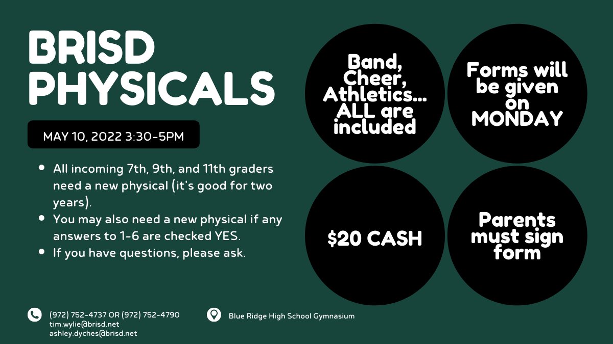Coach Tim Wylie (@coachtimwylie) on Twitter photo Hey <a href="/brhs_tigers/">Blue Ridge High School</a> and all students within <a href="/BlueRidgeISD/">Blue Ridge ISD</a> who need a physical to participate next year...
On site physicals return next Tuesday. 3:30pm-5pm in the foyer of the BRHS Gymnasium. Details attached. Hey <a href="/brhs_tigers/">Blue Ridge High School</a> and all students within <a href="/BlueRidgeISD/">Blue Ridge ISD</a> who need a physical to participate next year...
On site physicals return next Tuesday. 3:30pm-5pm in the foyer of the BRHS Gymnasium. Details attached.
