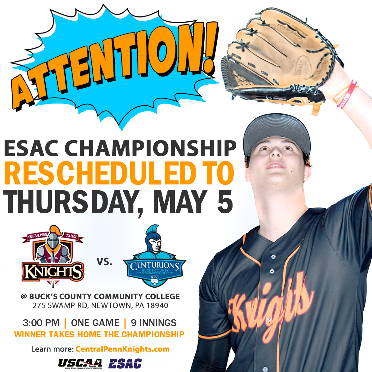 GoCPCKnights's tweet photo. ATTENTION: The ESAC Championship has been moved to Thursday, May 5 (tomorrow) at 3:00 PM. The championship will now consist of a single, 9-inning, winner takes all game! #GoKnights #KnightNation @ESAC_Sports #collegebaseball #baseball https://t.co/loBgPOwncV