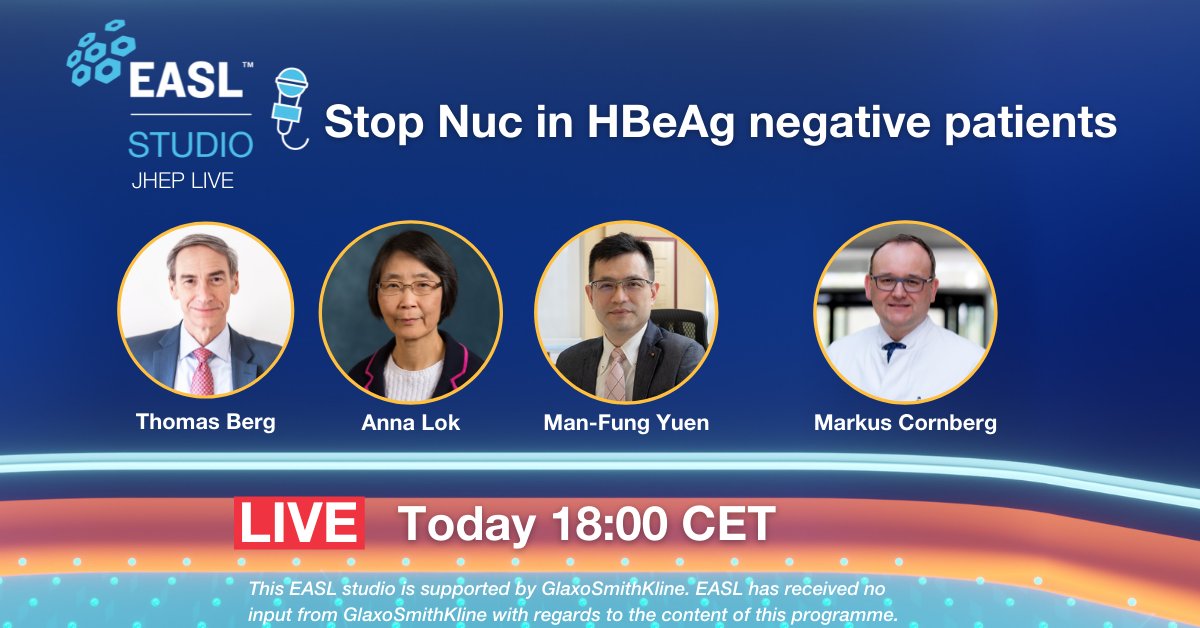 #EASLStudio, your weekly hepatology broadcast news is starting in one hour!
Topic of the day: Nuc therapy in HBeAg negative patients
🔗 https://t.co/zBx5OgSBUm

@JHepatology  @EASLedu @ThomasBerg24 @CornbergMarkus @aelsharkawy75 https://t.co/sFygD15K8E