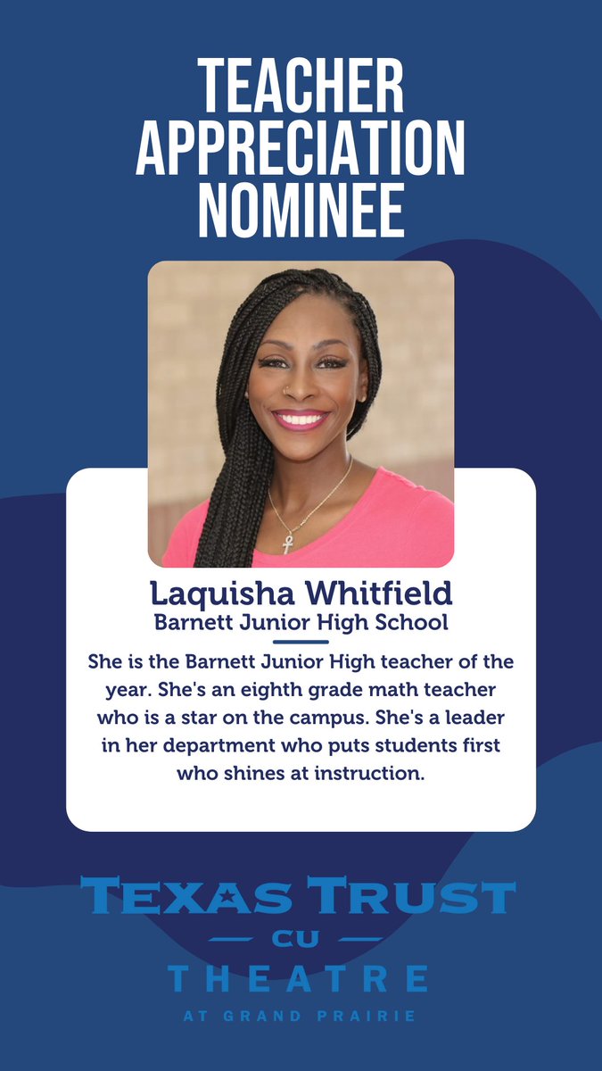 TexasTrustCU's tweet photo. For #TeacherAppreciationWeek we have awarded some very special educators with a prize pack to the @TxTCUTheatre! Congrats to M. Soledad Guido & Laquisha Whitfield! Stay tuned this week as we continue to share winners & their stories! #TexasTrustCU #TexasTrust #WeCU #ThankATeacher https://t.co/iowvCZYE9w
