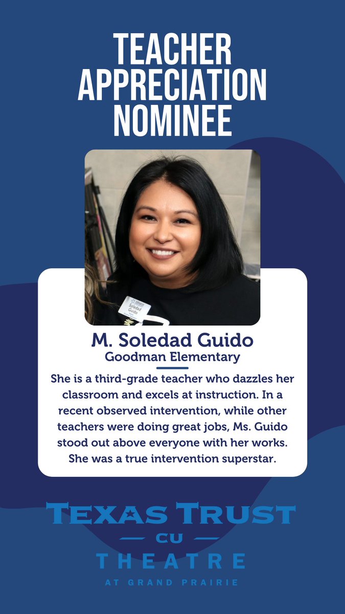 TexasTrustCU's tweet photo. For #TeacherAppreciationWeek we have awarded some very special educators with a prize pack to the @TxTCUTheatre! Congrats to M. Soledad Guido & Laquisha Whitfield! Stay tuned this week as we continue to share winners & their stories! #TexasTrustCU #TexasTrust #WeCU #ThankATeacher https://t.co/iowvCZYE9w