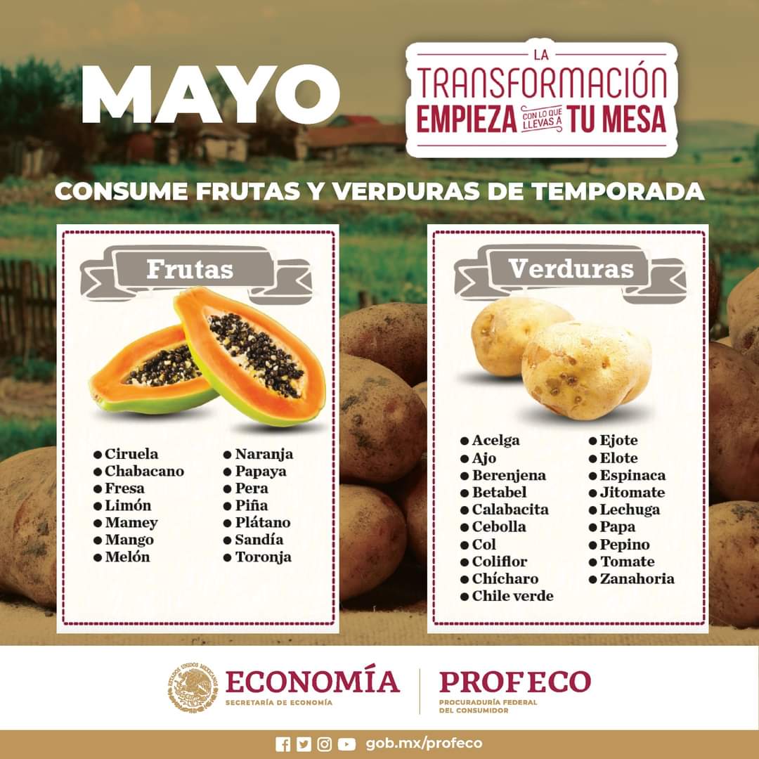 ✅🍍 ¡Cuida tu alimentación y tu salud consumiendo las frutas y verduras de temporada durante el mes de mayo! 
#ConsumeInformado #ComeSaludable