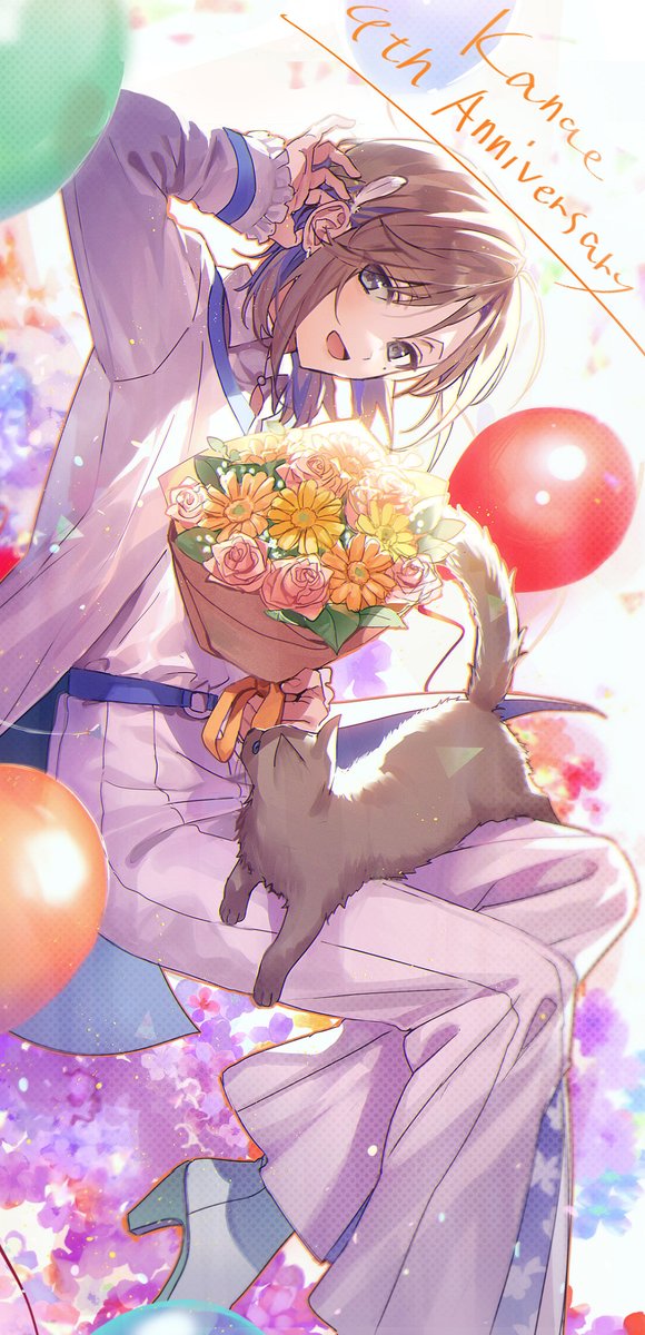 flower bouquet holding bouquet 1boy brown hair cat male focus  illustration images