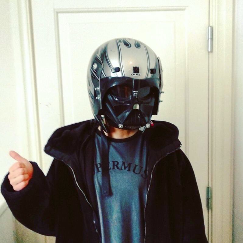 #MayThe4thBeWithYou 😄 
Happy <a href="/starwars/">Star Wars</a> day! 
As some of you might know, I’m a huge Star Wars geek and had a crush on <a href="/DarthVader/">Darth Vader</a> since I was like..7.
Here I am wearing my awesome #motorcycle helmet that I got from <a href="/Evestus/">Evestus</a> dad who makes custom bikes and helmets ❤️ #darthvader