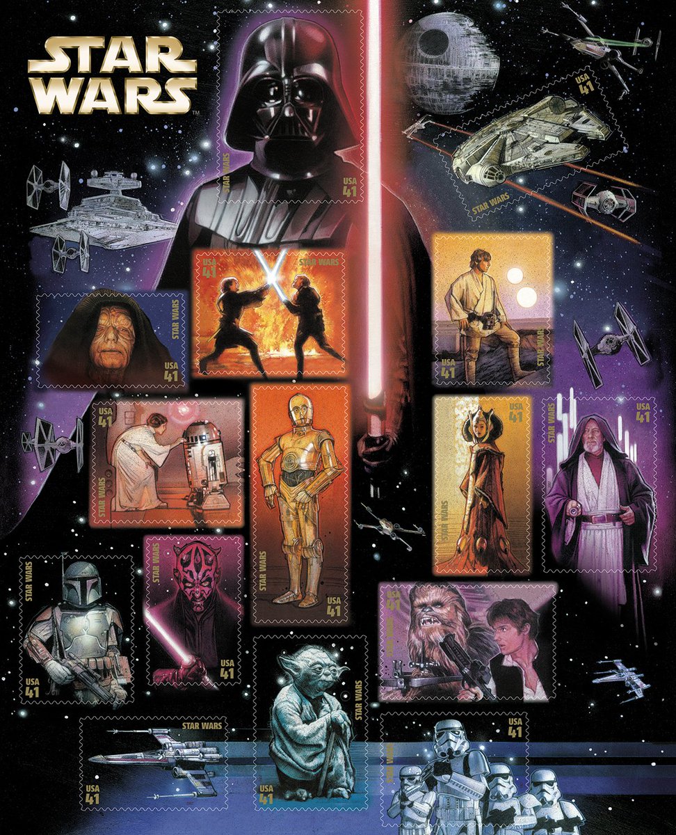✨May the Fourth be with you ✨

On May 25, 2007 the U.S. Postal Service issued a sheet of 15 stamps on a movie poster-like souvenir sheet to commemorate the blockbuster film, Star Wars. 

2007 Star Wars 41 Cent US Postage Stamp Sheet of 15 Scott #4143