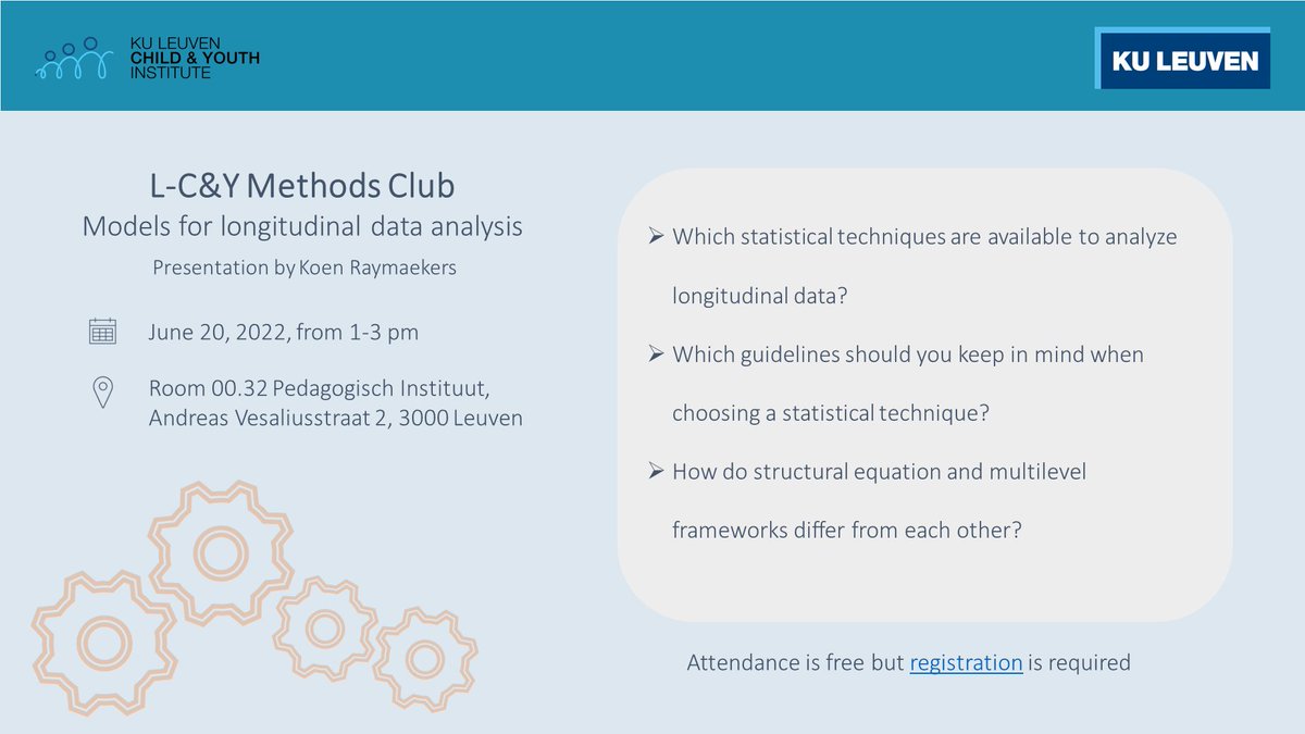 L-C&amp;Y Methods Club: Models for longitudinal data analysis 👇
Learn more about which techniques are available to analyze longitudinal data, which guidelines you should consider when choosing a technique and much more! Register your attendance here: ppw.kuleuven.be/scad/LCandY-me…