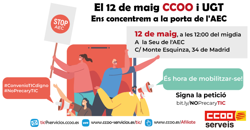 Es momento de dar un paso más. La AEC y asociados quieren que trabajes 12 horas al día y gratis los sábados y así lo propusieron, CCOO NO MIENTE.

ES HORA DE MOVILIZARSE‼️

📅12 mayo
🕛12 Mediodía
🕋Sede de la AEC:

➕Info bit.ly/12mayoAEC

#NoPrecaryTIC #ConvenioTICDigno