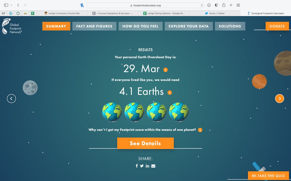 living at Lehigh I have a footprint of only 2.4 earths (less than half the US average), but living at home...4.1! pretty scary #ees028