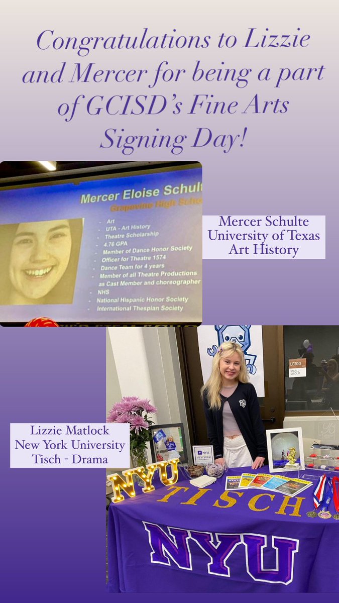 So proud of Lizzie and Mercer for being a part of the very first <a href="/GCISD/">Grapevine-Colleyville ISD</a> Fine Arts Signing Day! We can’t wait to see what the future holds for you amazing ladies! <a href="/GCISDFineArts/">GCISD Fine Arts</a>