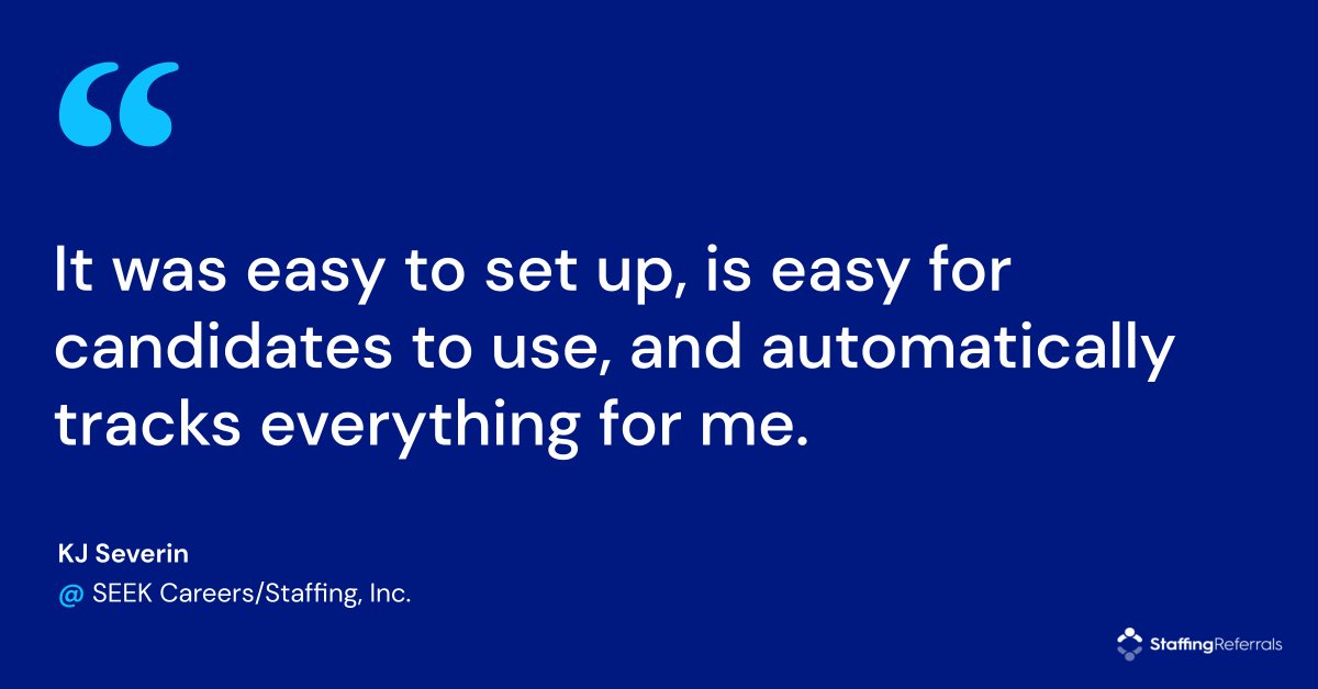 dfolwell's tweet image. &quot;It was easy to set up, is easy for candidates to use, and automatically tracks everything for me.&quot; #StaffingReferrals #AutomatedReferralManagement hubs.la/Q017Z5mG0
