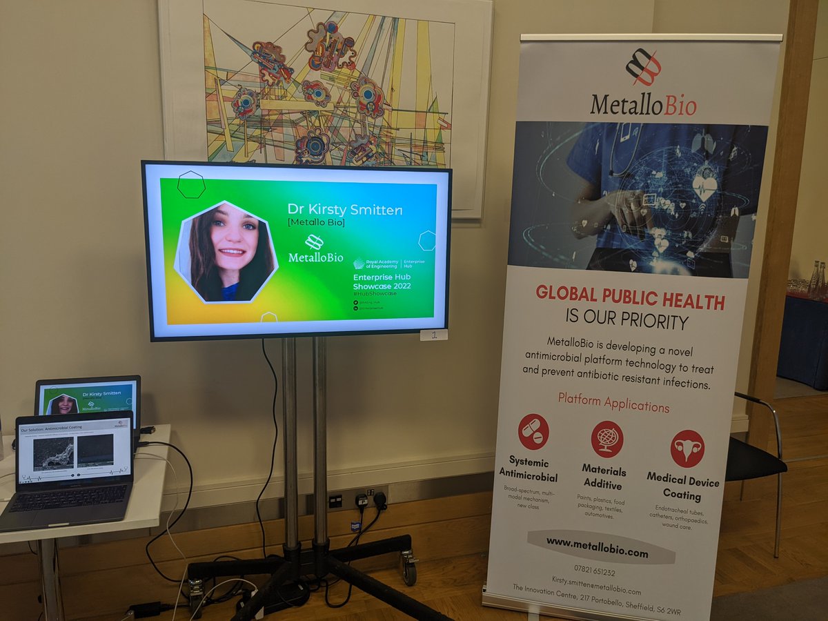 Our CEO @SmittenKirsty is pitching at the @RAEng_Hub Enterprise Hub Showcase 2022 today. If you are at the event please come and visit our table to discuss MetalloBio's antimicrobial platform technology and our Pre-Series A fundraising round. #HubShowcase #AMR