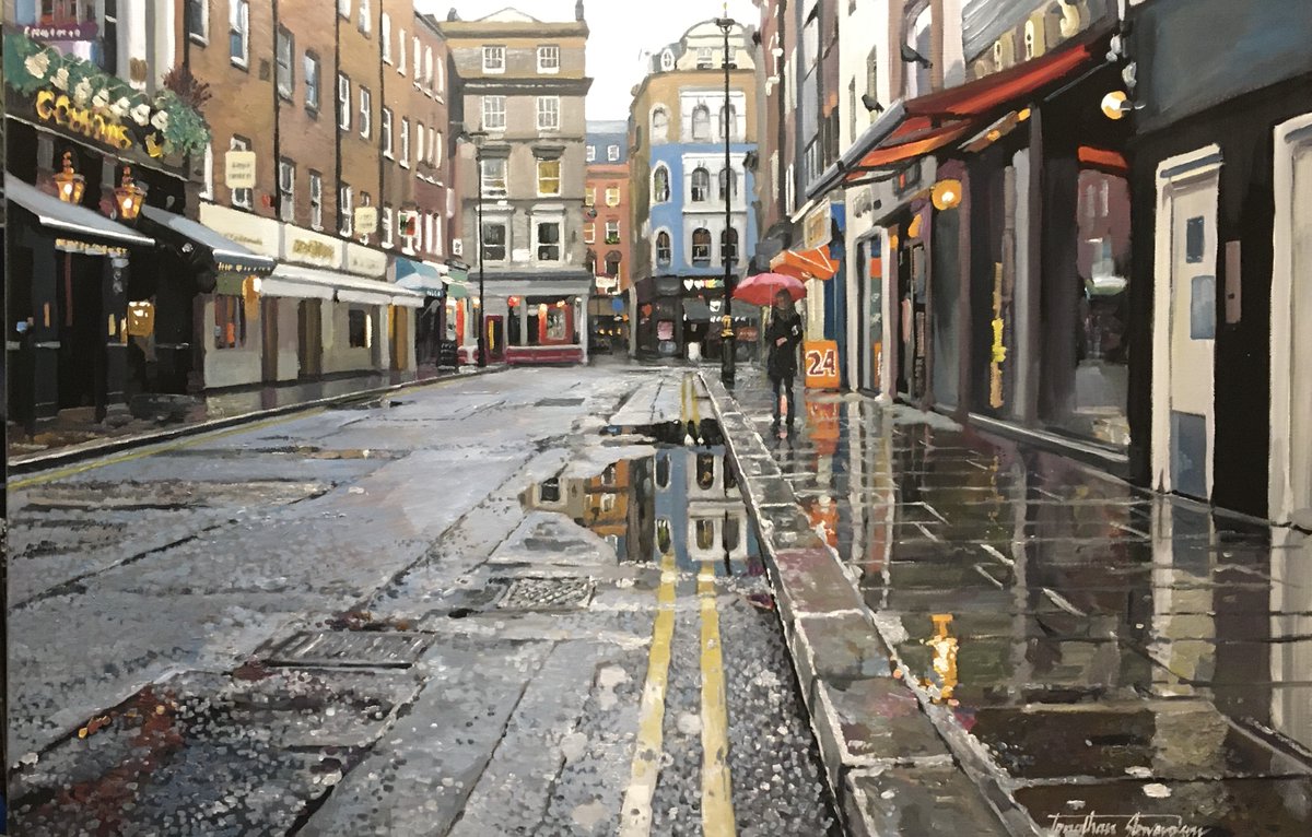 Morning in Old Compton Street...⁠ A stunning painting from the talented Jonathan Stewardson! Even though the Jonathan Stewardson Exhibition has finished, we still have some beautiful pieces from Jonathan on display. Pop in the gallery to check them out!