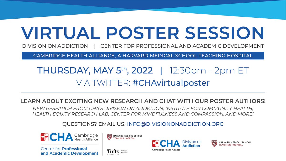 The <a href="/challiance/">Cambridge Health Alliance (CHA)</a> Virtual Poster Session will take place right here on Twitter – TOMORROW, May 5! Swing by between 12:30-2pm ET for the latest research from <a href="/icommhealth/">Institute for Community Health</a>, @bencook_equity, <a href="/CMC_CHA/">Center for Mindfulness and Compassion at CHA</a> the CHA Department of Psychiatry, and more! #CHAvirtualposter